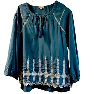 Avaleigh peasant blue blouse tassels tie white embroidery long sleeve size small